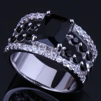 prominent rectangle black cubic zirconia white cz silver plated ring v0457