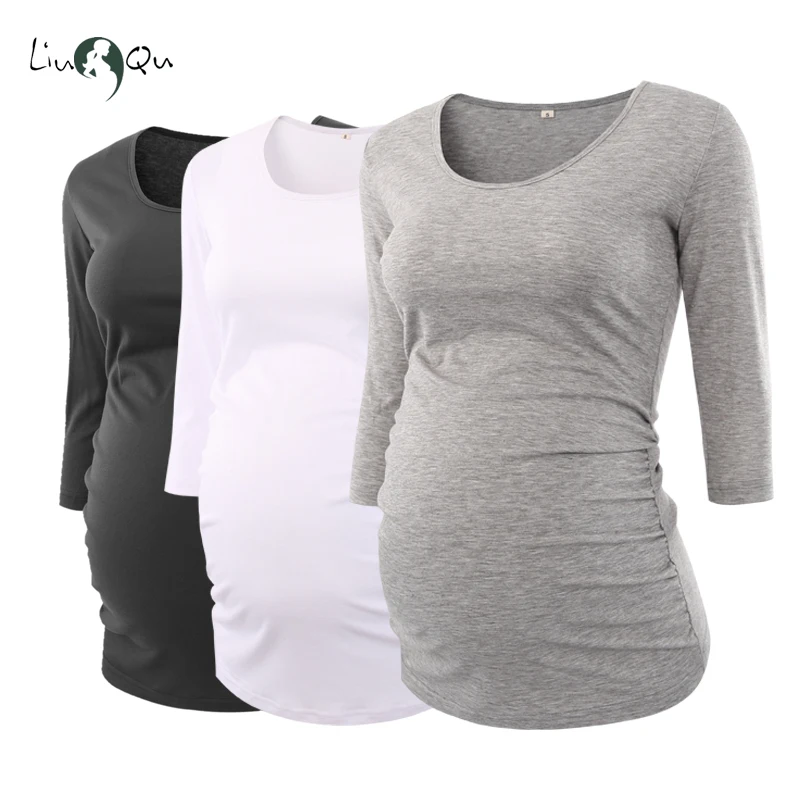 

3 Pack SAVE Women's Blouses Maternity Tops Pregnant Side Ruched 3/4 Sleeve Maternity Clothes Scoop Neck Pregnancy T-Shirt