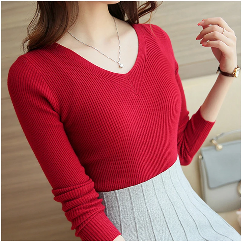 NEW Autumn Winter Sweater Women v-neck Tight Bottoming female Knitted Pullovers long sleeve cheap tops warm basic black | Женская одежда