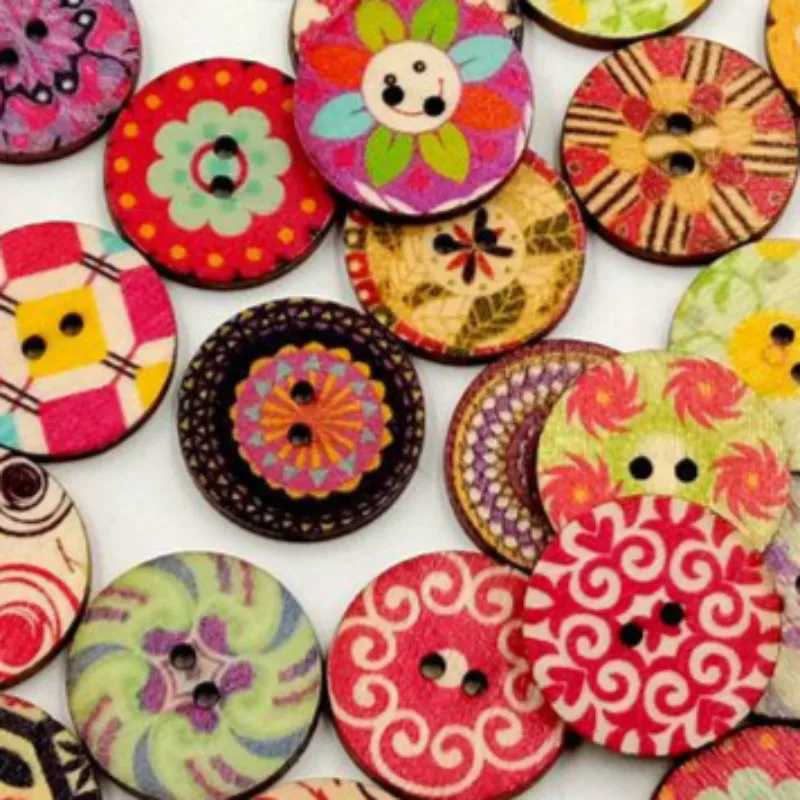 100 шт. круглые деревянные пуговицы с цветочным принтом | Дом и сад