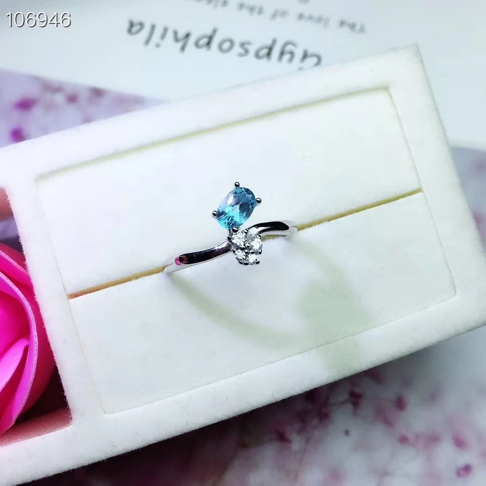 Модное простое круглое кольцо с натуральным синим топазом и драгоценным камнем в