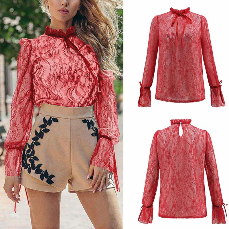 Женская одежда Кружева перспектива полые с длинным рукавом Топы стрингами Selvedge| |