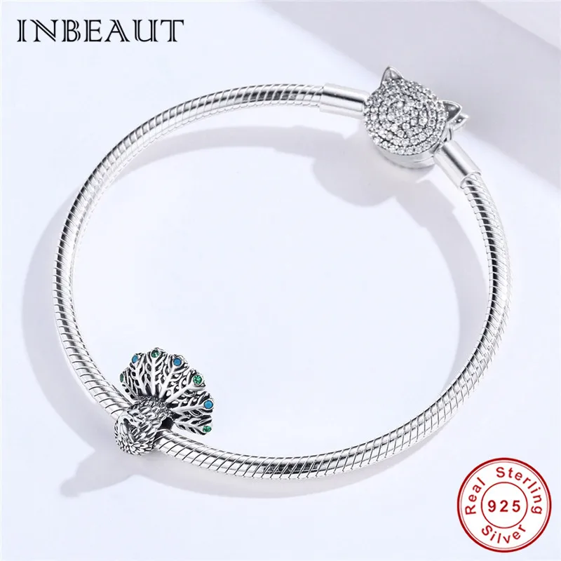 INBEAUT 100% Серебро 925 пробы красочный CZ Fanning свой хвост Павлин бусины Подходит для
