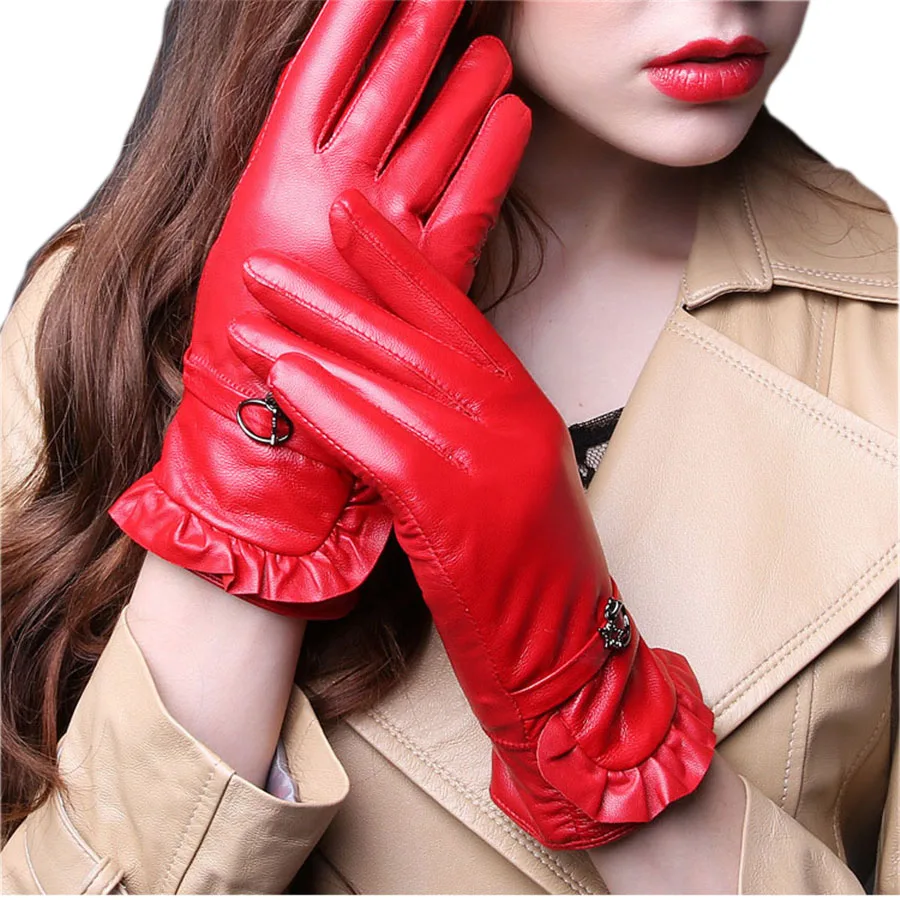 New Women Autumn Winter Thickening Plus Cashmere Warm Sheepskin Gloves Leather Wrist Gloves Driving Leather Gloves D-4-5