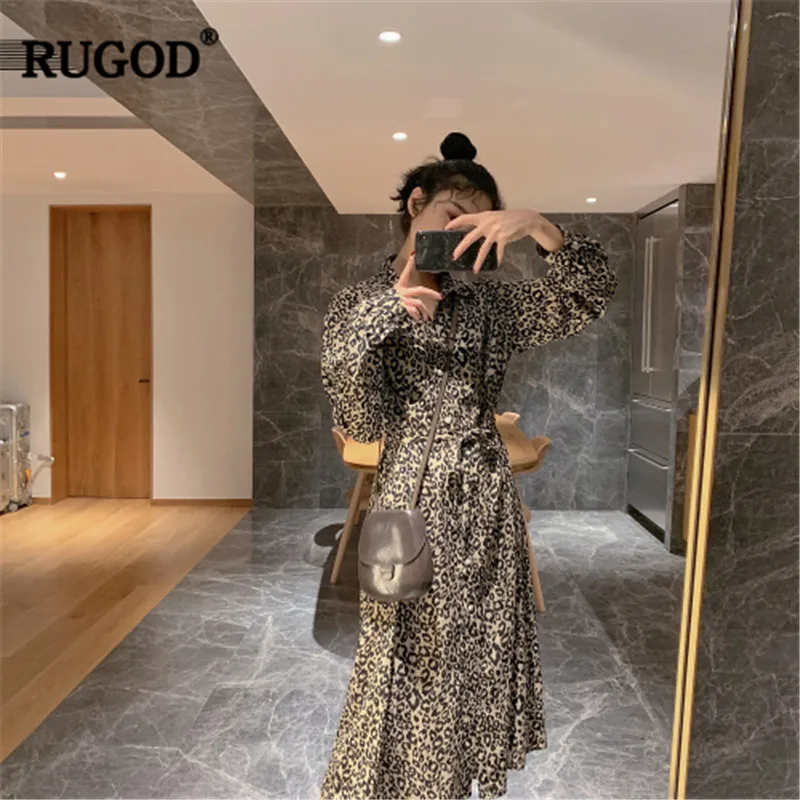 Женское платье с леопардовым принтом RUGOD элегантное свободное ТРАПЕЦИЕВИДНОЕ