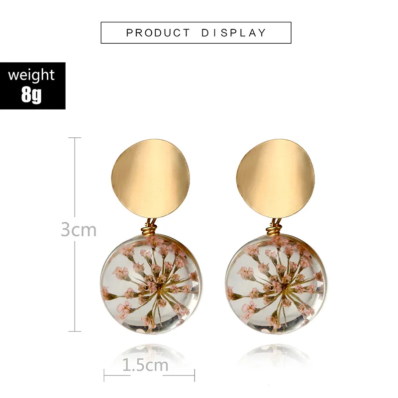 

New Handmade Real Flower Earrings Gold Round Dangle Dried Flowers Ball Glass Drop Earrings For Women Fashion Jewelry pendientes