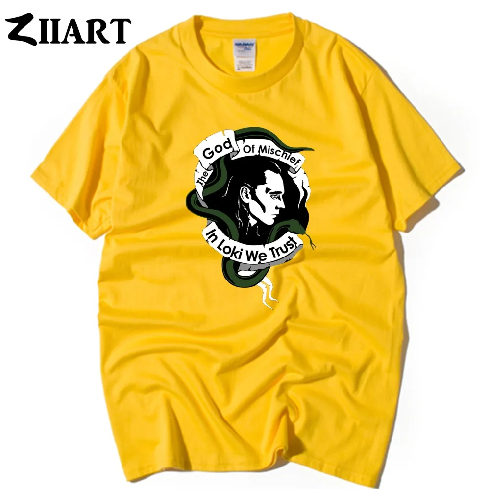 In loki we trust the god of mischief/винтажная одежда для пар с изображением головы Мужская хлопковая футболка с короткими рукавами и круглым вырезом для мальчиков