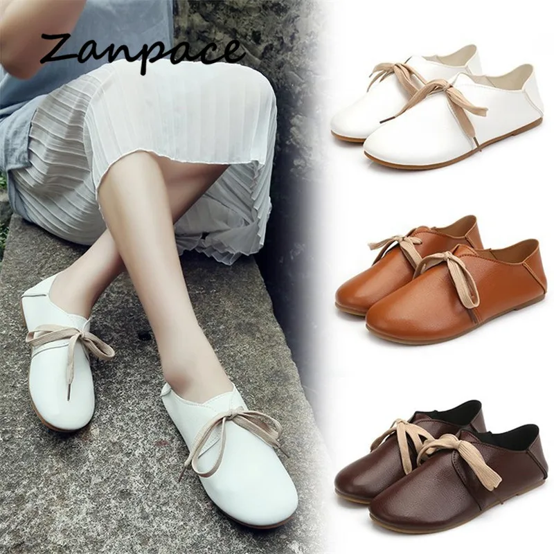 Туфли Zanpace женские на плоской подошве удобные кожаные туфли круглый носок