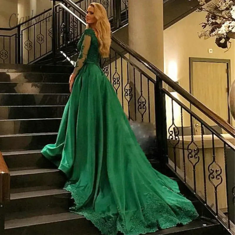 

Formal Emerald Green Dresses Evening Wear 2020 Long Sleeve Lace Applique Beads Plus Size Prom Gowns robe de soiree