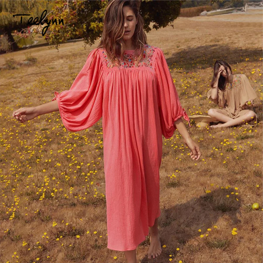 TEELYNN long dress for women cotton floral embroidery o-neck puff sleeve dresses a-line loose Casual boho Vestido | Женская одежда