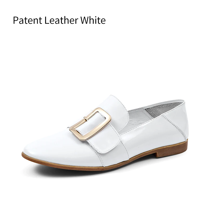Patent leather White Beau Today/женские лоферы из натуральной кожи с металлической пряжкой; слипоны с круглым носком на плоской подошве; женская модельная Повседневная обувь; ручная работа; 27036 - Цвет: Patent leather White