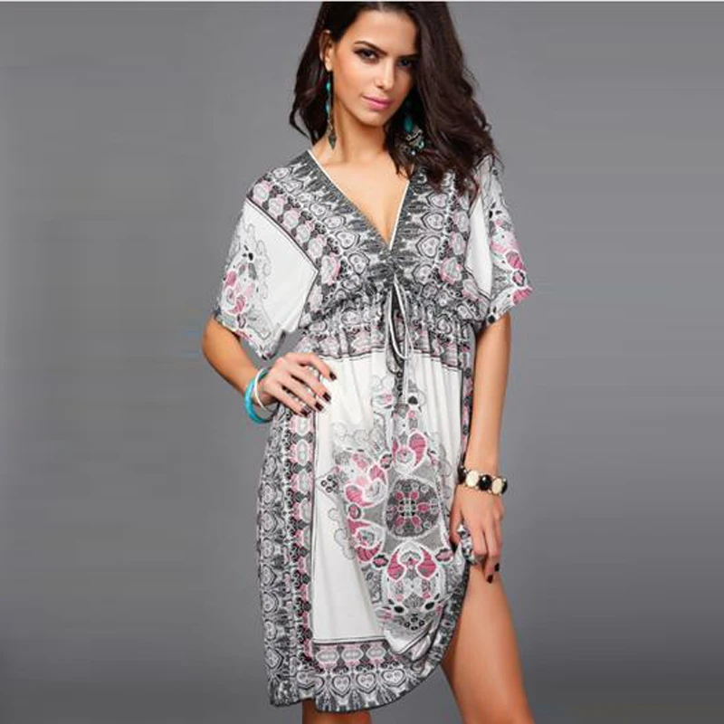 Deep V Neck Short Sleeve Bohemian Dress Chiffon Mini Floral Printing Beach dress Milksilk Comfort Vacation | Женская одежда