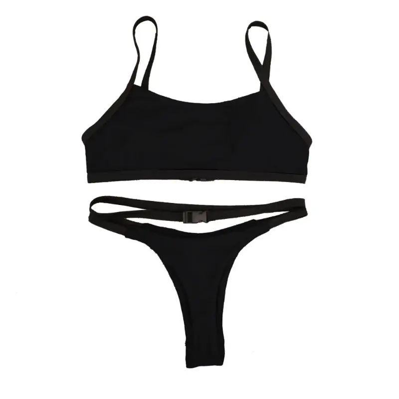 Women Sexy Two Piece Bikini Set Spaghetti Straps Bra Low Waist Cut Out Thong Solid Color Strappy Bandage Swimsuit With Quick Rel | Женская