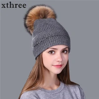 xthree winter beanie hat for women real mink fur pom poms wool knitted girl s hat brand new thick female cap