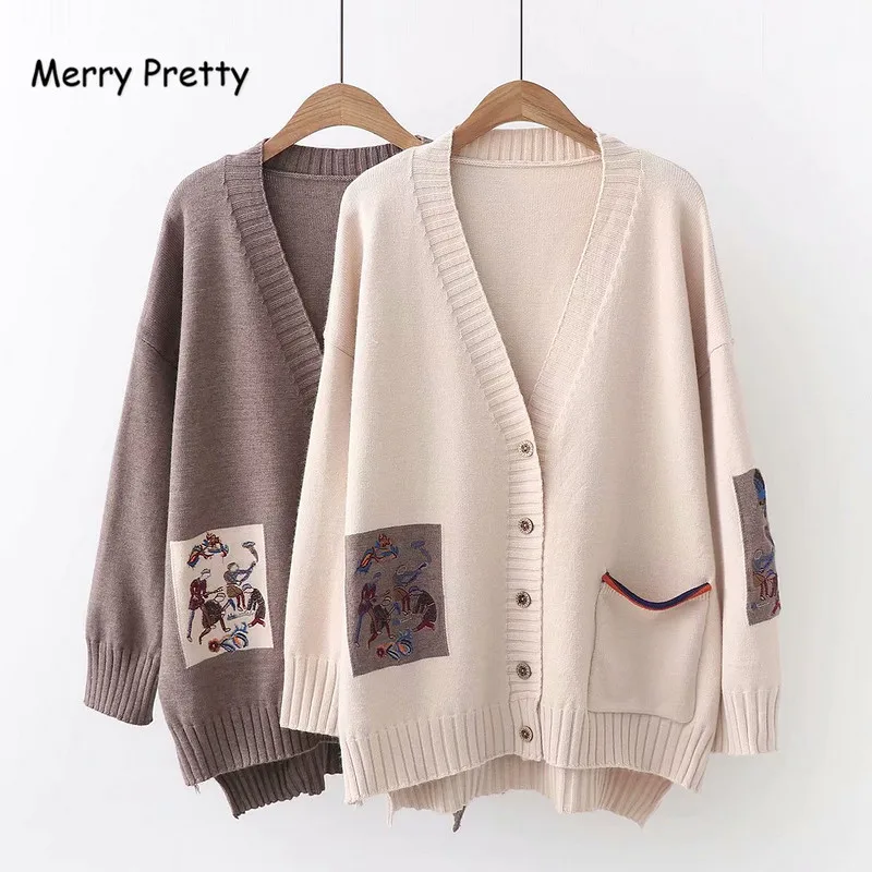 Merry Pretty Mori Girl свитер женская одежда Осень Зима полный рукав v-образный вырез вышивка Винтаж Женский Длинный свитер кардиганы