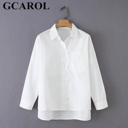 White GCAROL весна осень отложной воротник Женская Офисная рубашка Асимметричная Длина карман блузка аккуратные белые идеальные базовые Топы - Цвет: White
