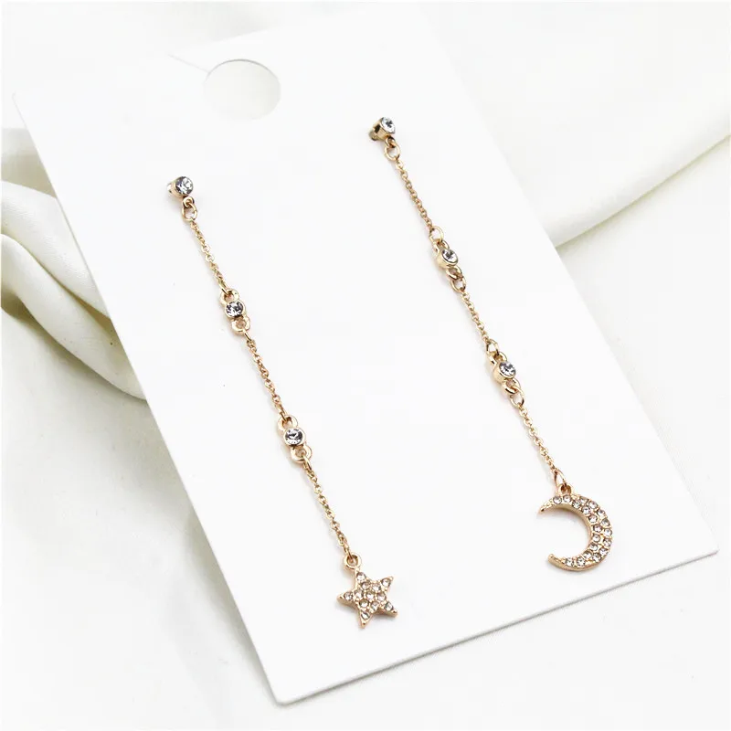New Statement Elegant Crystal Star Drop Earrings for Women Fashion Long Chain Moon Dangle Jewelry Gift High Quality | Украшения и
