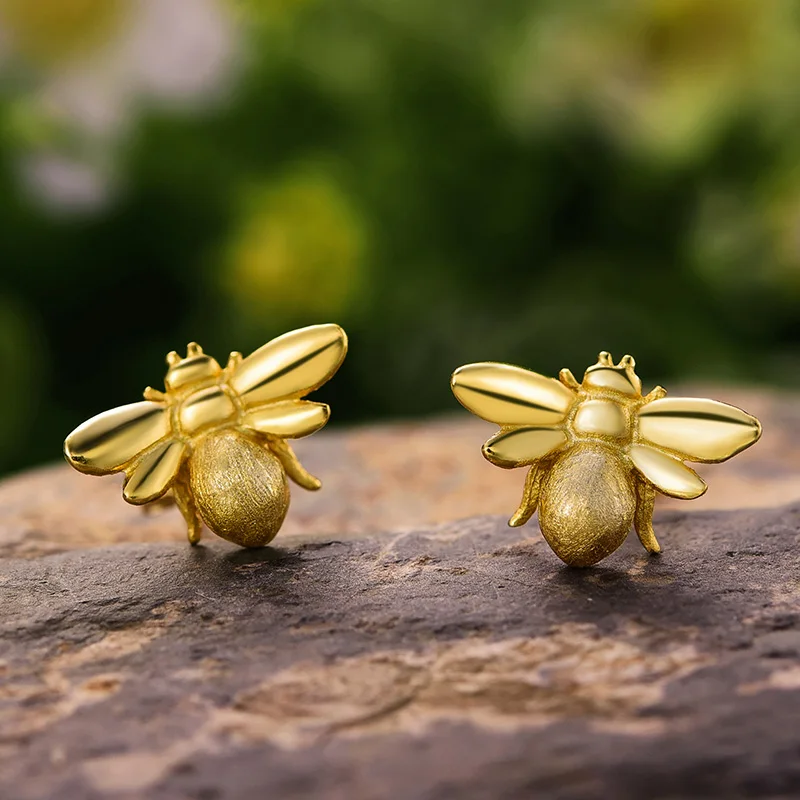 Lotus Fun подлинные 925 пробы серебряные серьги для женщин насекомое пчела Новинка серьги-гвоздики для девочек корейские серьги женские, ювилирные изделия - Цвет камня: gold color