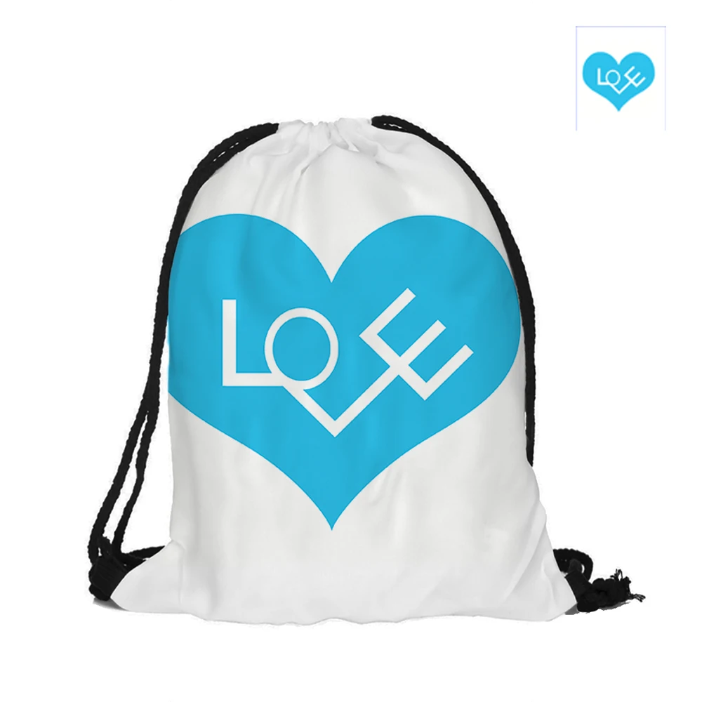 LOVE Blue And Red Heart Drawstring Backpack Fashion Polyester Bags For Couples Lovers Pouch Backpacks With Two Sided Printing | Багаж и