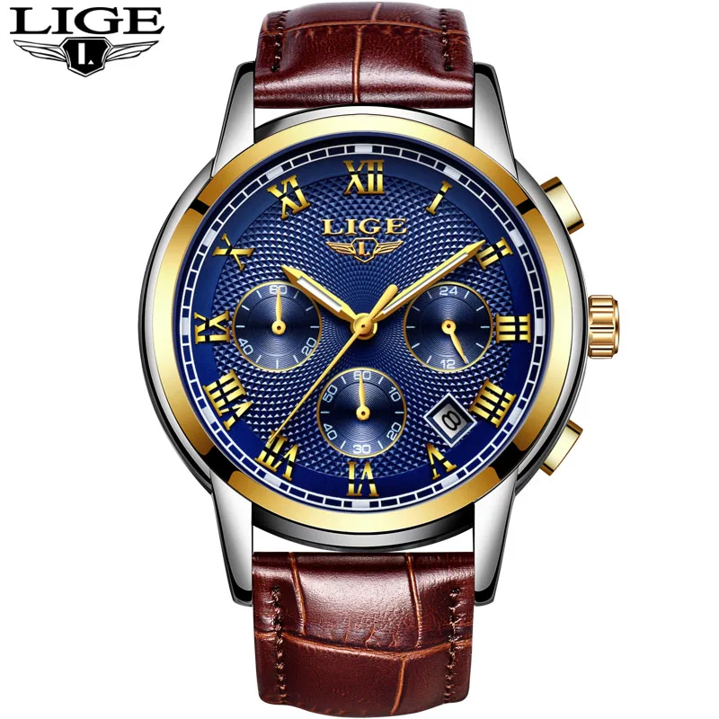 L Gold Blue Новые мужские часы лучший бренд класса люкс LIGE бизнес Дата кварцевые часы из нержавеющей стали мужские модные водонепроницаемые Хронограф Мужские - Цвет: L Gold Blue