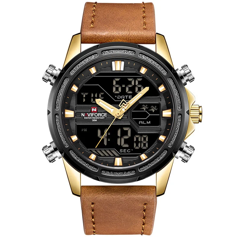 Yellow Gold Brown Лучшие Роскошные Брендовые мужские часы naviforce модные спортивные часы Мужские Цифровые кварцевые часы кожаные военные водонепроницаемые наручные часы - Цвет: Yellow Gold Brown