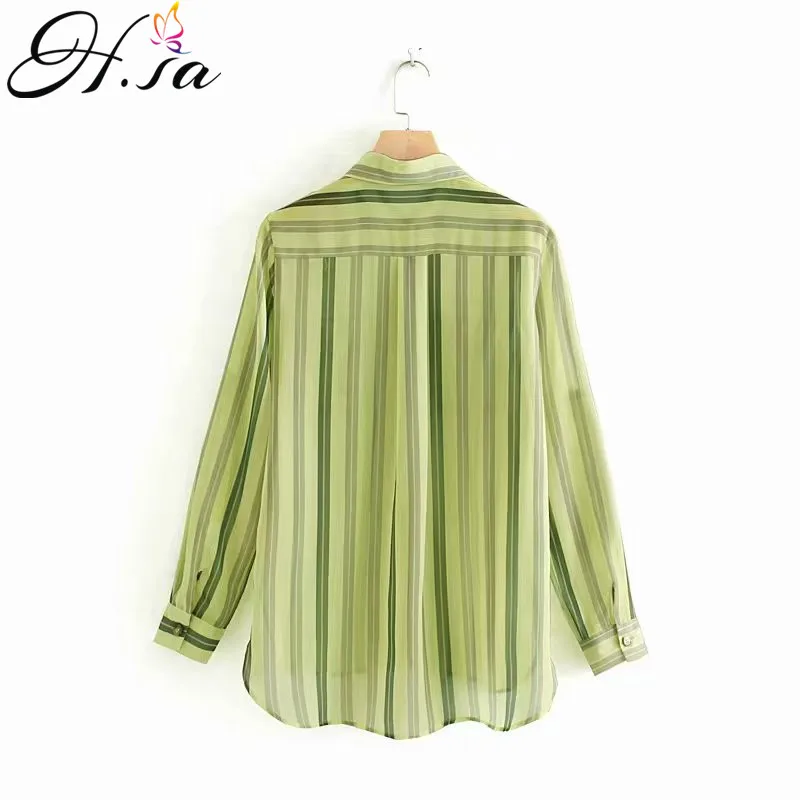 Женские офисные блузки H.SA с отложным воротником в зеленую полоску свободные