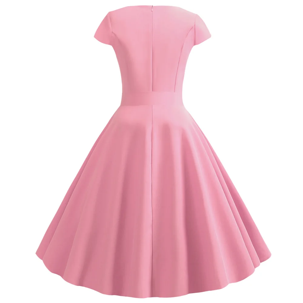 Kenancy 10 Colors Solid Summer Women Retro Dress V Neck Short Sleeves High Waist Vintage 60s Rockabilly Party Vestidos | Женская одежда