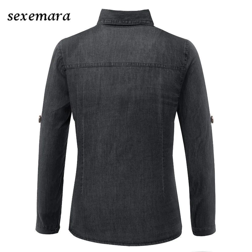 SEXEMARA женская clothing мыть джинсовой тонкий серый джинсовые рубашки блузка |