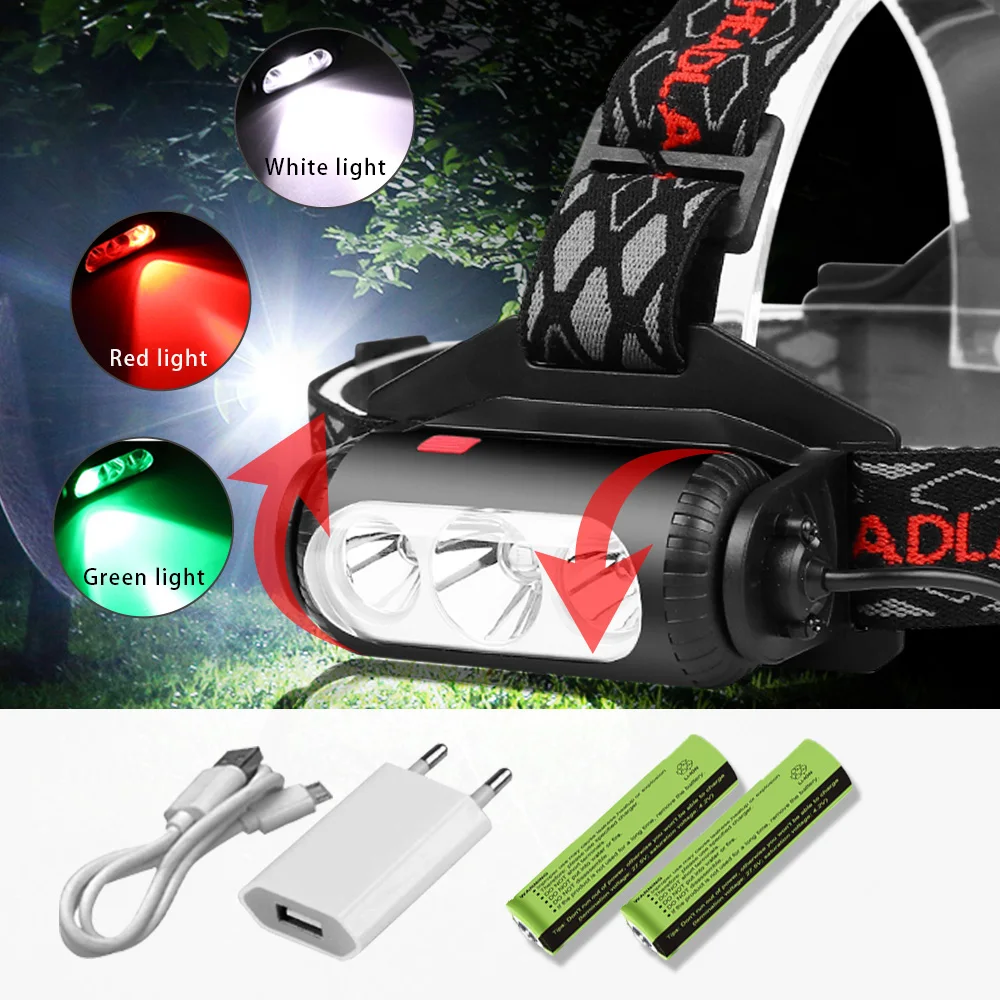 Охота T6 головная лампа led 18650 зарядка usb фара Красный Зеленый Белый источник света
