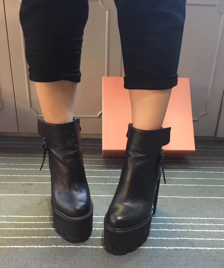 Женские черные кожаные зимние ботильоны на платформе; Botines; квадратный каблук 14 см; Botas Mujer; модные женские ботинки в байкерском стиле