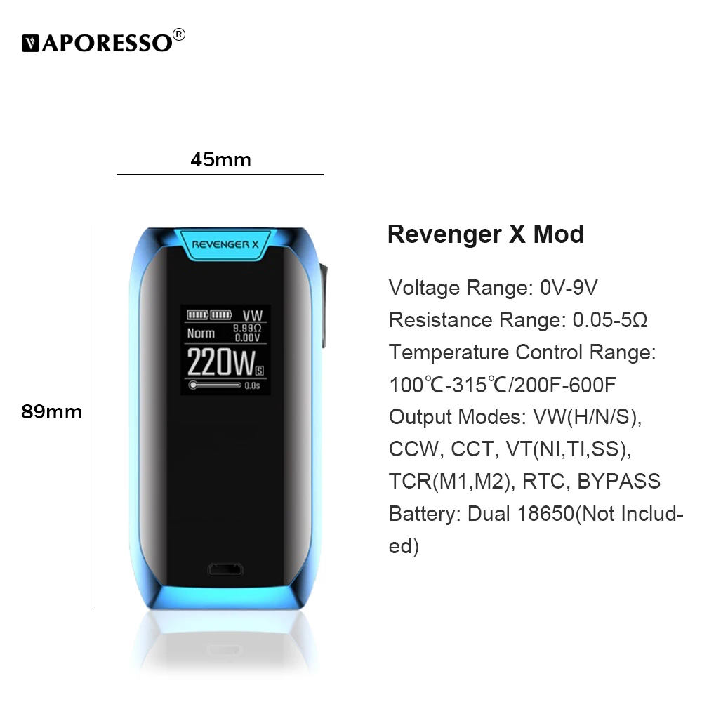 Оригинальный Vaporesso 220 Вт Мститель X мод бокс для электронных сигарет подходит NRG Tank