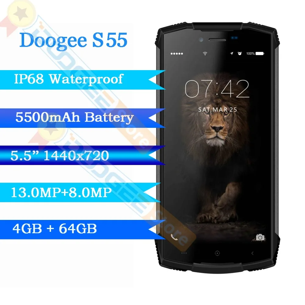 DOOGEE S55 4 Гб 64 Гб IP68 водонепроницаемый мобильный телефон 5," HD+ Android 8,0 Восьмиядерный 13мп камера 5500 мАч 5V2A быстрое зарядное устройство смартфон