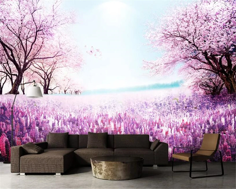 beibehang Custom wallpaper mural Purple romantic lavender cherry tree TV background wall decorative painting 3d behang |