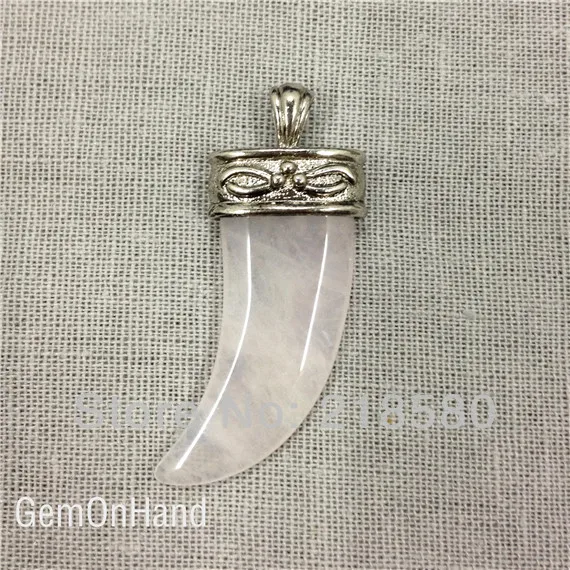 H-SP1782 Rose Pink Quartz Tibetan Horn Tusk Pendant Silver Cap and Bail Tusk Boho Look