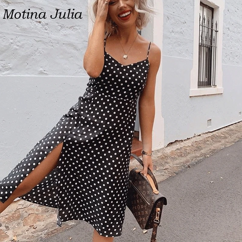 Motina Julia милый сарафан в горошек женское Повседневное платье до колена с разрезом