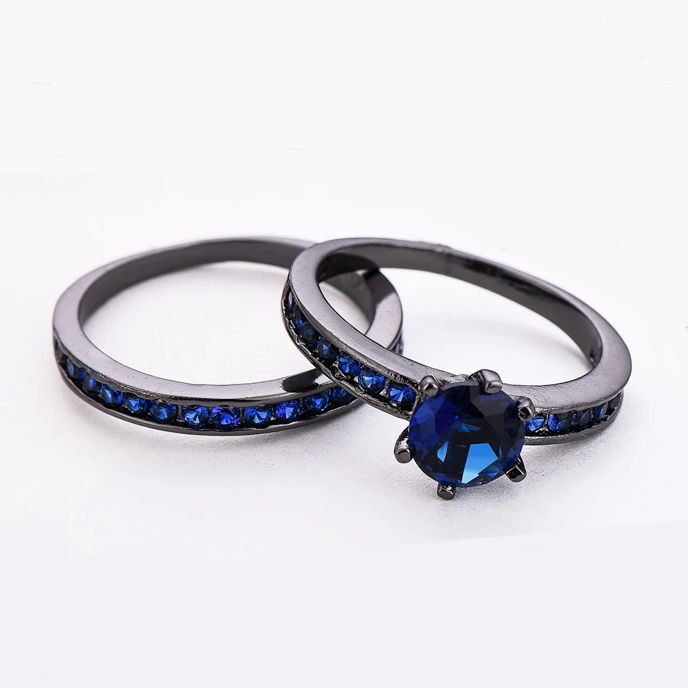 New Women/Men Black gold filled Ring AAA Zircon Cz Blue Birthstone Party Lover Wedding Band Bridal Sets for women | Украшения и