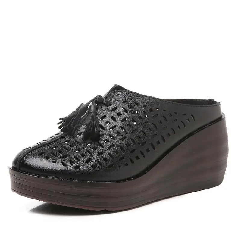 

Careaymade-Summer 2020 New Ladies Retro-style Leather Slippers, Muffins Thick Bottom High Slope heel Punched Baotou Slippers