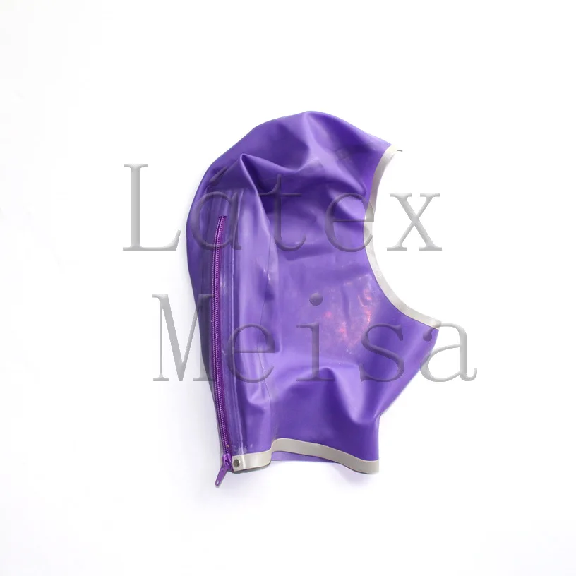 

Purple latex hood open face and decorative with gray trim color for women