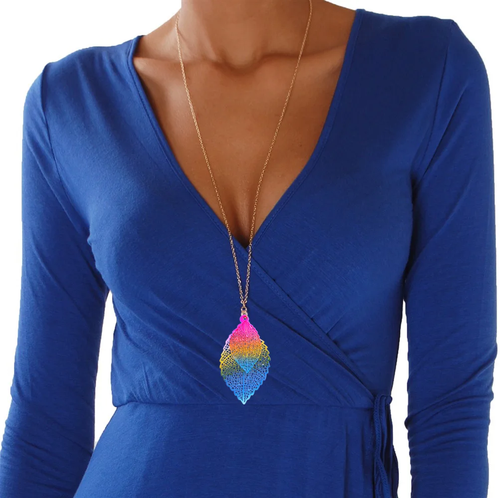 Колье в стиле Бохо длинное 65 см ожерелье с цепочкой виде листьев женское Lange Ketting