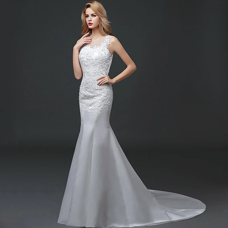Hot Sale Sexy Tulle O neck Beads Mermaid Wedding Dresses Cheap Bridal Dress Vestidos de Noivas With Lace Up Illusion Back | Свадьбы и