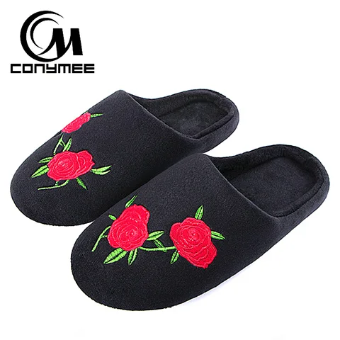 QWW-MG Black 2 CONYMEE/мягкий коралловый бархат Главная тапочки для женщин зимняя теплая Домашняя обувь на плоской подошве милые вышитые цветы Pantufa хлопковые тапочки - Цвет: QWW-MG Black 2