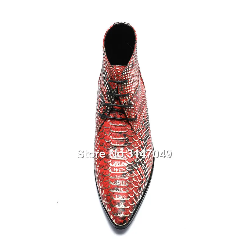 Spring Autumn Mens Boots Casual Genuine Leather Men Lace Up Pointed Toe Worker Shoes Bling Red Blue Snakeskin Pattern Boot | Обувь