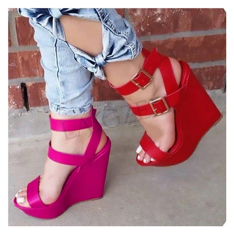 

LAIGZEM Summer Women Sandals Platform Wedge Heels with Buckles Party Pumps Shoes Woman Sandalias Verano Large Size 34-52