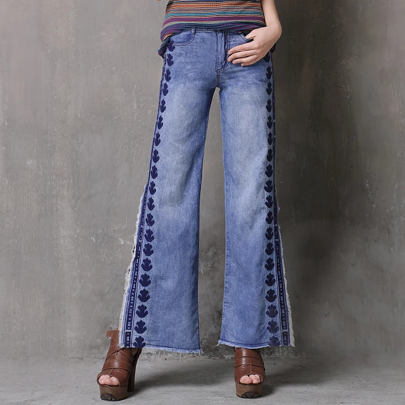 JXDINOY 2018 Vintage embroidery Apparel Women Jeans Split Beading Wide Leg Straight Denim Pants Pantalon Femme |