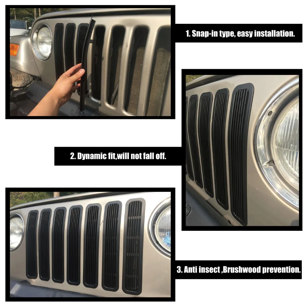 WISENGEAR For Jeep Wrangler TJ 1997-2006 Black Front Grille Mesh Honeycomb Stripe Insert Grilles Frame Cover Vent Radiator Grill