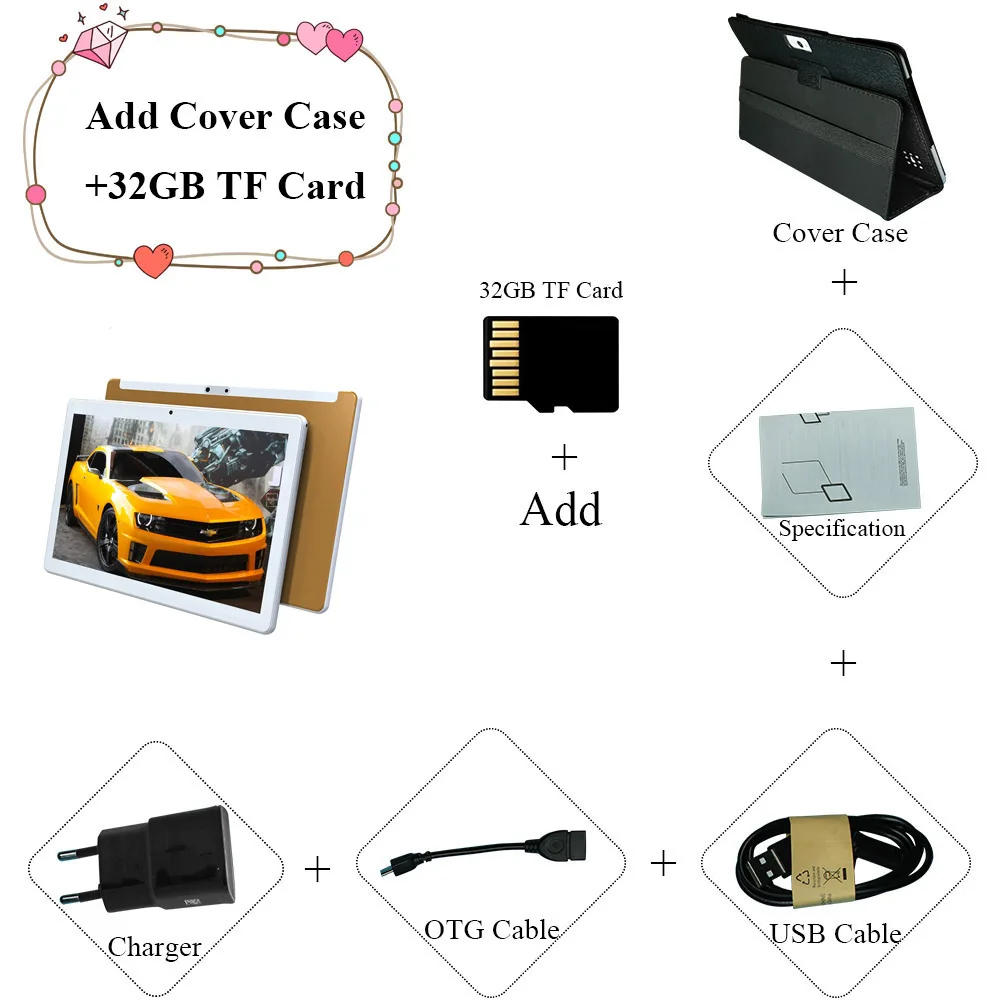 Add Case 32GB TF ANRY планшет 10,1 дюймов Android 7.0 3g телефонный звонок Wifi gps Bluetooth 4 Гб+ 32 ГБ подарочный планшет для детей - Комплект: Add Case 32GB TF