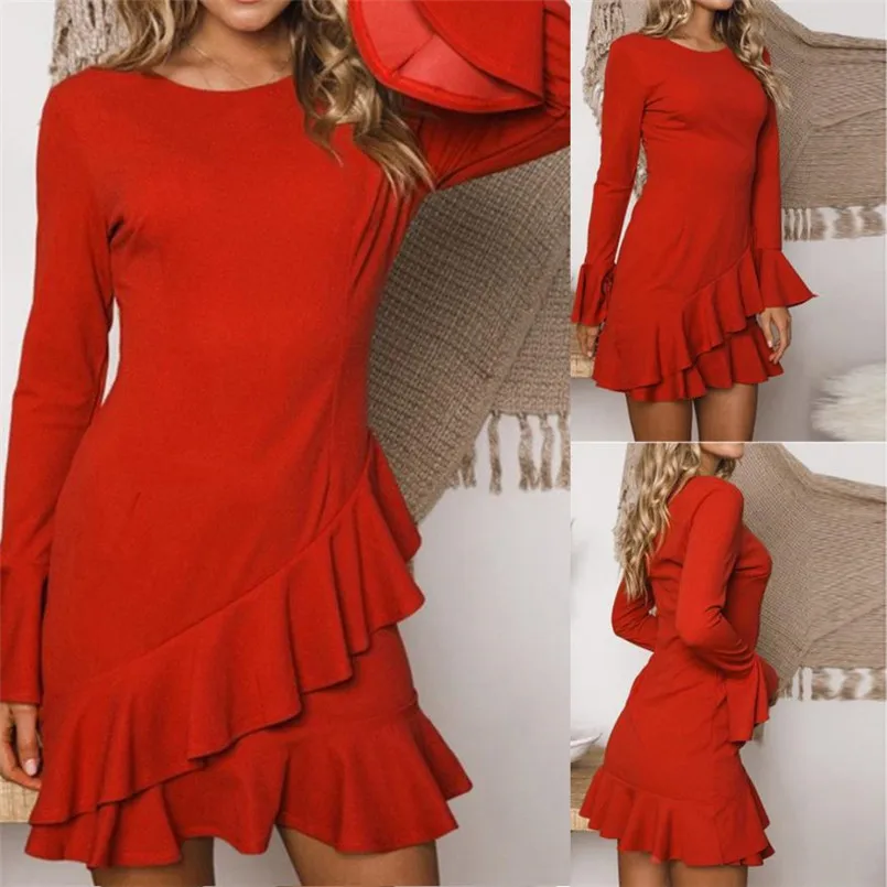 Женское платье с круглым вырезом Robe Femme 2018 Rouge однотонное приталенное длинными