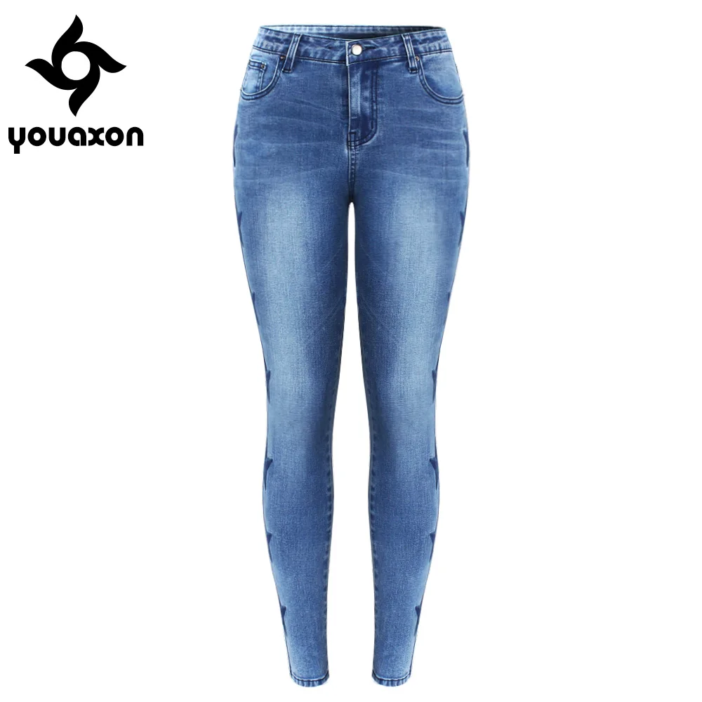 blue 2142 Youaxon, Новое поступление, джинсы с вышивкой в виде звезд для женщин, эластичные джинсы с пятью карманами, джинсы с вышивкой, обтягивающие брюки - Цвет: blue