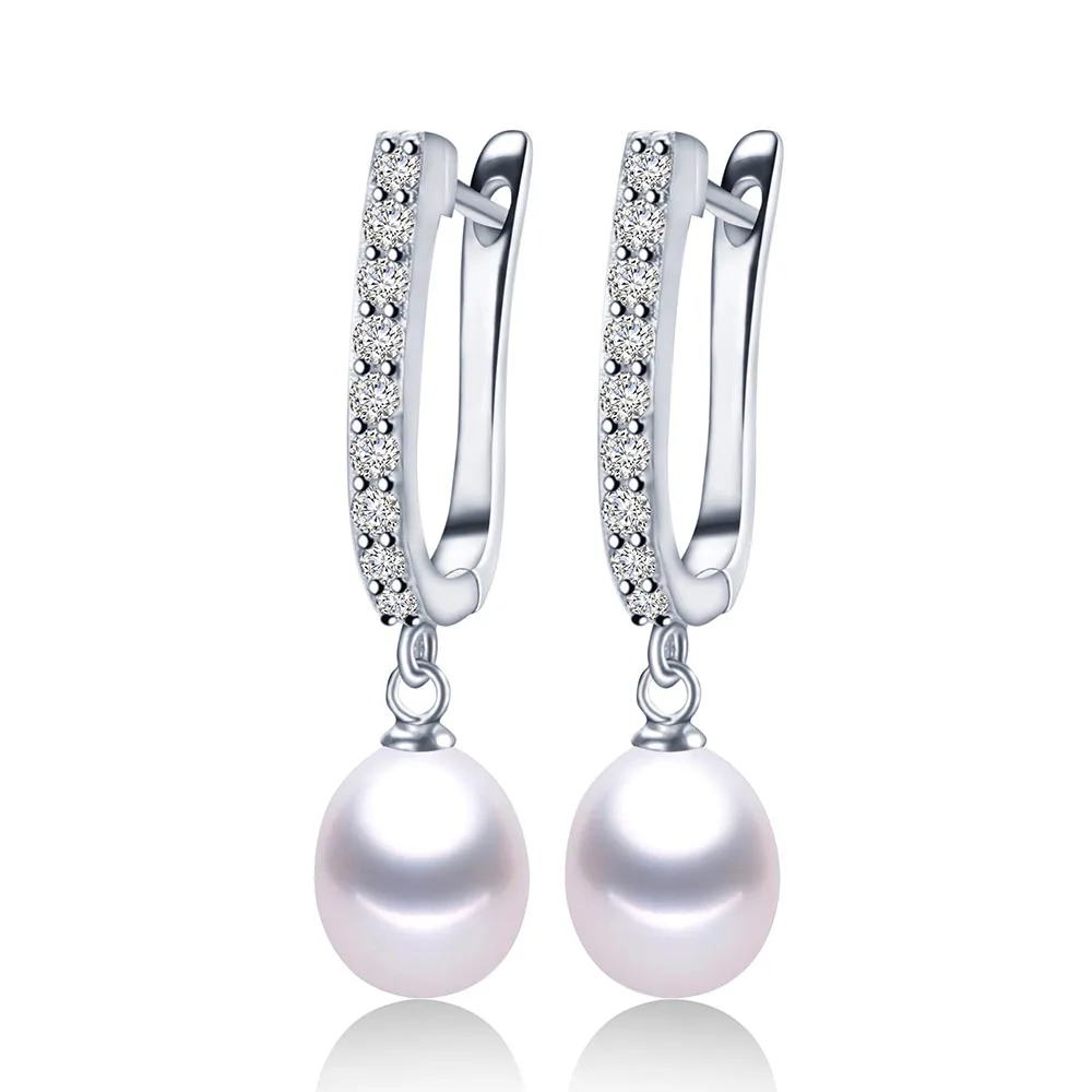 white pearl Женские серьги из пресноводного жемчуга, циркониевые, модные, 925 пробы, серебряные серьги-капли, белые, настоящие жемчужные, свадебные ювелирные изделия с коробкой - Цвет камня: white pearl