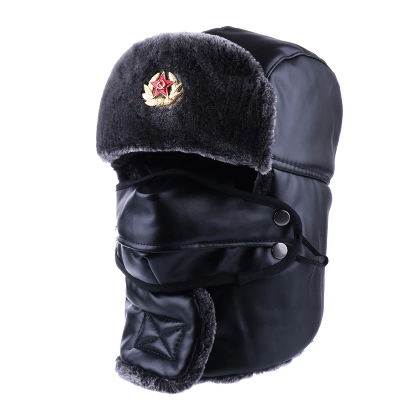 

Bomber Hat Russian Ushanka PU Leather Winter Trapper Soviet Badge Army Aviator Trooper Neck Cover Earflap Snow Ski Cap with Mask